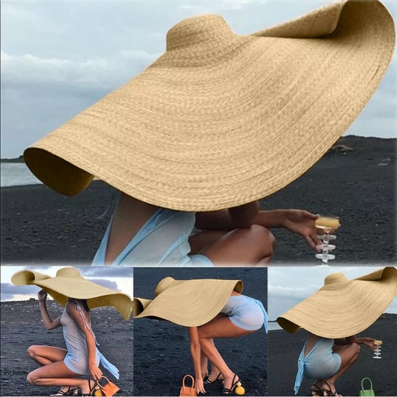 Huge hat wide brimmed straw beige resort beach - Picture 9 of 13